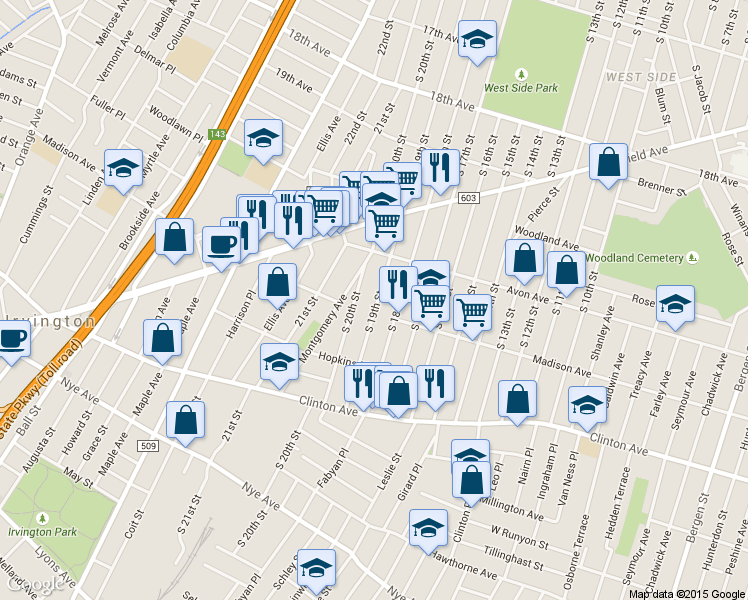 map of restaurants, bars, coffee shops, grocery stores, and more near 853 South 18th Street in Newark