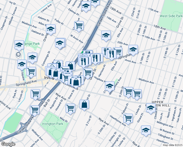 map of restaurants, bars, coffee shops, grocery stores, and more near 944 Grove Street in Irvington