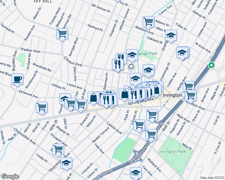 map of restaurants, bars, coffee shops, grocery stores, and more near 598 Stuyvesant Avenue in Irvington