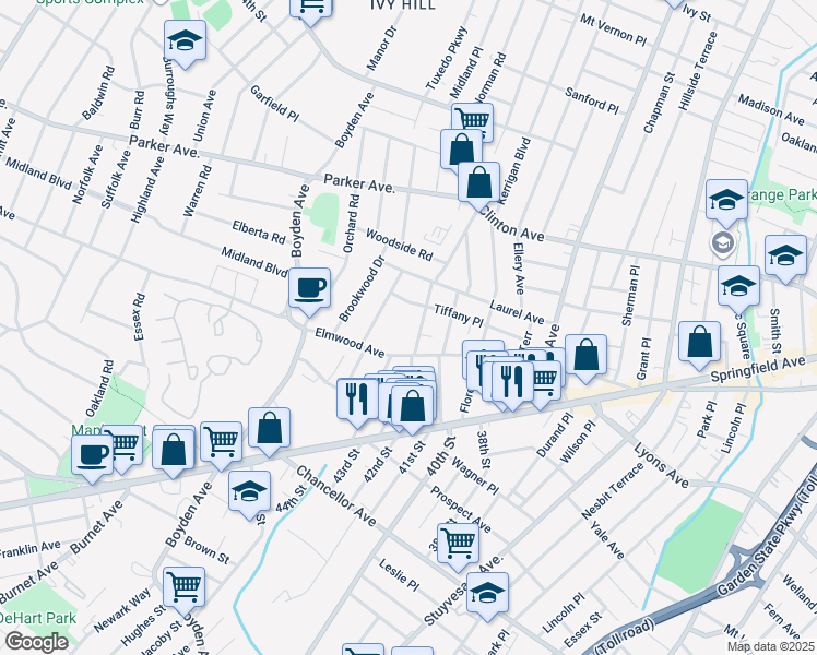 map of restaurants, bars, coffee shops, grocery stores, and more near 61 Franklin Terrace in Irvington