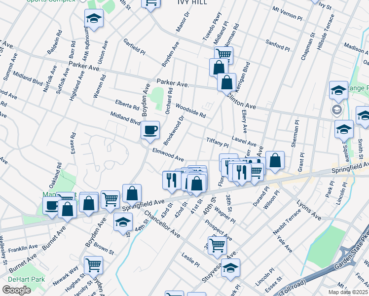 map of restaurants, bars, coffee shops, grocery stores, and more near 240 Elmwood Avenue in Maplewood
