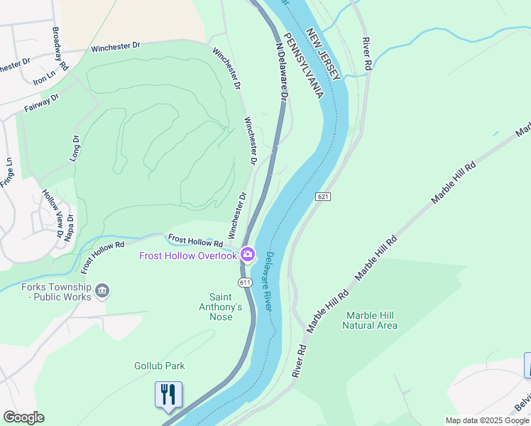 map of restaurants, bars, coffee shops, grocery stores, and more near 2375 North Delaware Drive in Easton