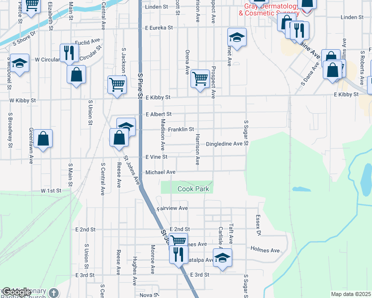 map of restaurants, bars, coffee shops, grocery stores, and more near 732 East Vine Street in Lima