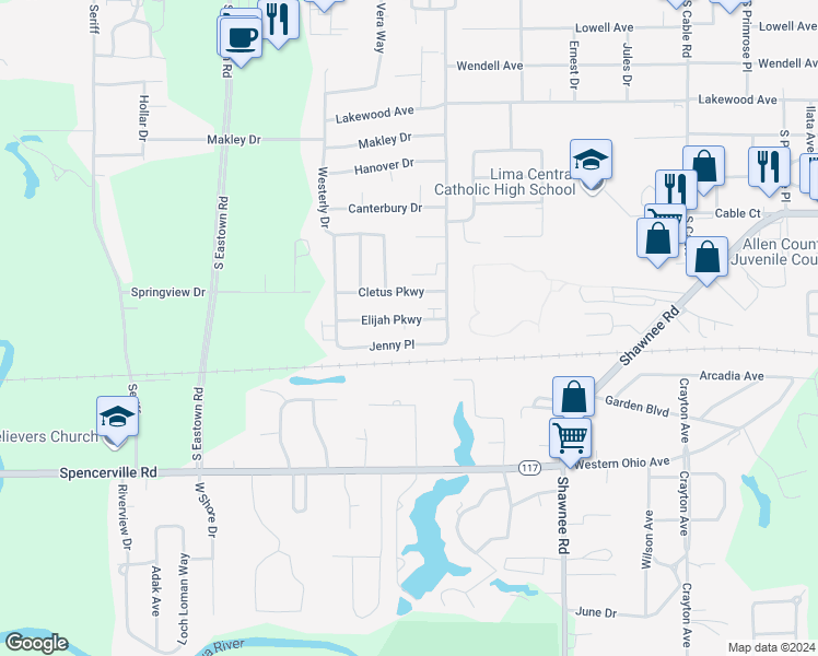 map of restaurants, bars, coffee shops, grocery stores, and more near 2941 Jenny Place in Lima