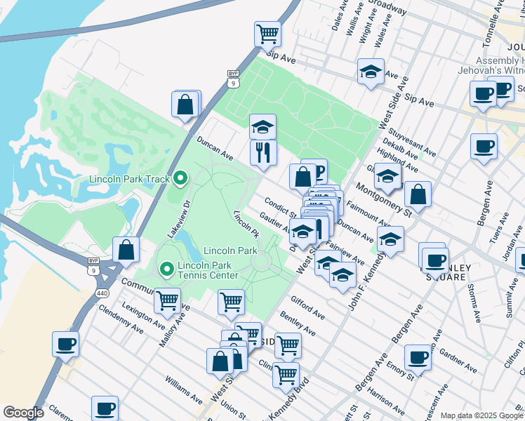 map of restaurants, bars, coffee shops, grocery stores, and more near 70A Gautier Avenue in Jersey City