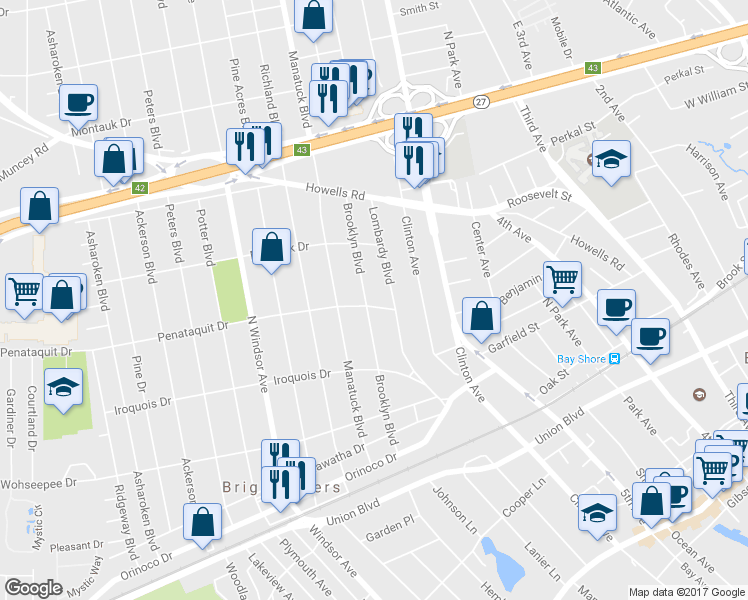 map of restaurants, bars, coffee shops, grocery stores, and more near 502 Brooklyn Boulevard in Brightwaters