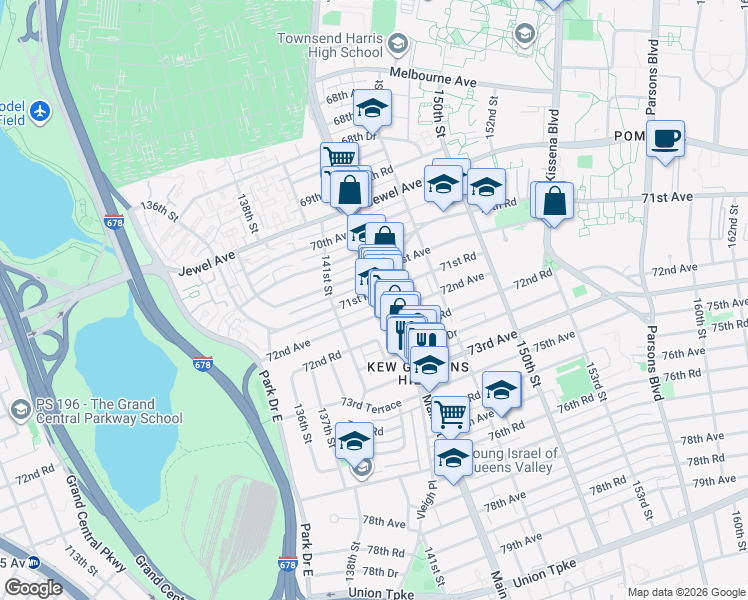 map of restaurants, bars, coffee shops, grocery stores, and more near 141-41 72nd Avenue in Queens