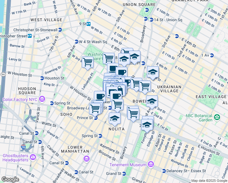 map of restaurants, bars, coffee shops, grocery stores, and more near 653 Broadway in New York