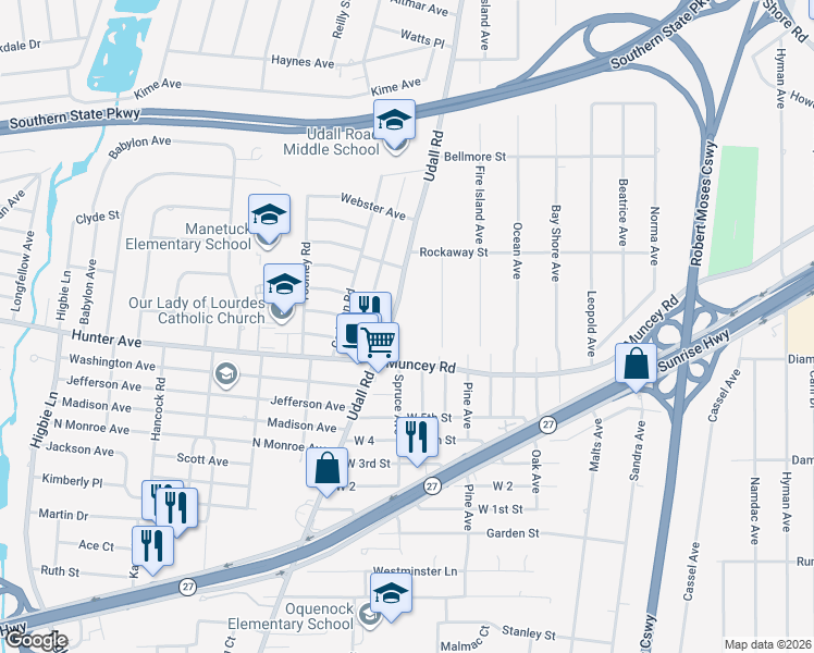 map of restaurants, bars, coffee shops, grocery stores, and more near 575 Muncey Road in West Islip