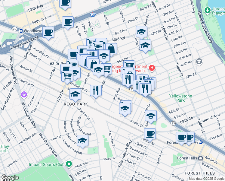 map of restaurants, bars, coffee shops, grocery stores, and more near 9609 66th Avenue in Queens