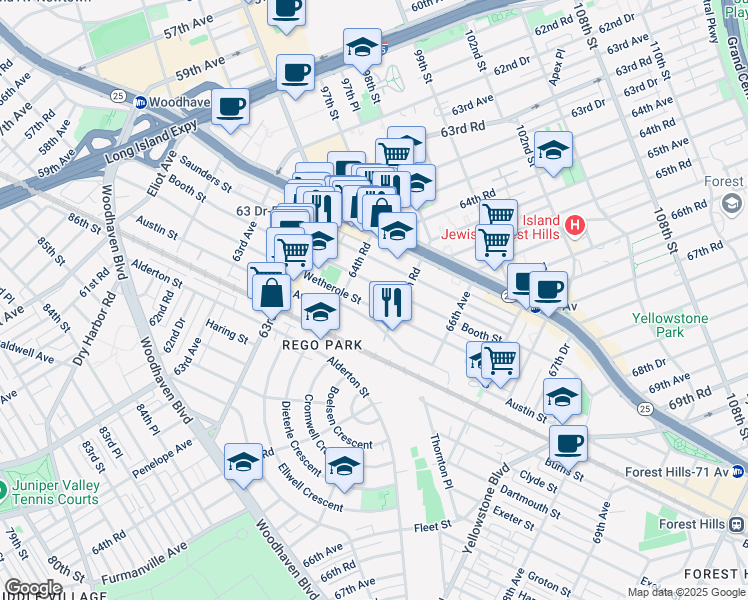 map of restaurants, bars, coffee shops, grocery stores, and more near 64-65 Wetherole Street in Queens