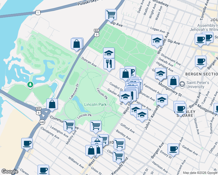 map of restaurants, bars, coffee shops, grocery stores, and more near 63 Gautier Avenue in Jersey City