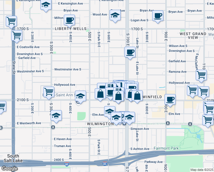 map of restaurants, bars, coffee shops, grocery stores, and more near 1980 South 600 East in Salt Lake City