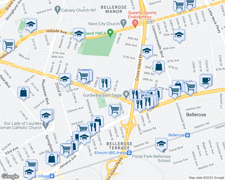 map of restaurants, bars, coffee shops, grocery stores, and more near 89-36 241st Street in Queens