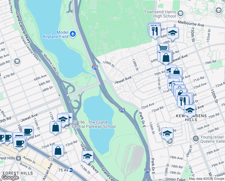 map of restaurants, bars, coffee shops, grocery stores, and more near 7302 Park Drive East in Queens