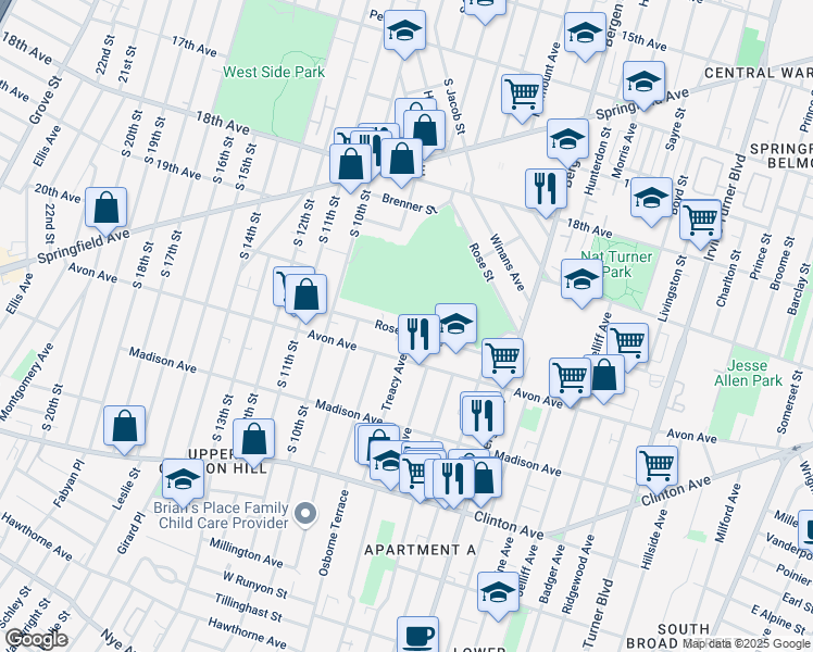 map of restaurants, bars, coffee shops, grocery stores, and more near 69 Rose Terrace in Newark