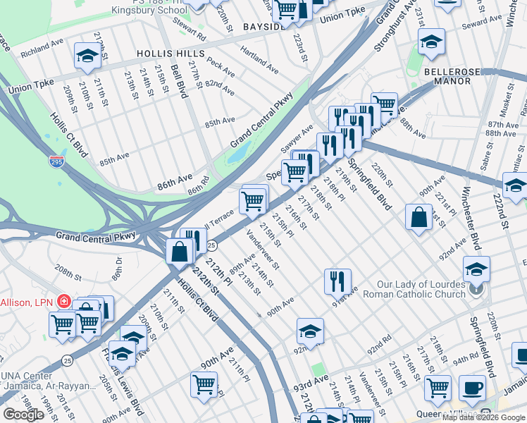 map of restaurants, bars, coffee shops, grocery stores, and more near 88-16 215th Place in Queens