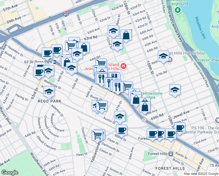 map of restaurants, bars, coffee shops, grocery stores, and more near Queens Blvd & 67th Ave in Queens