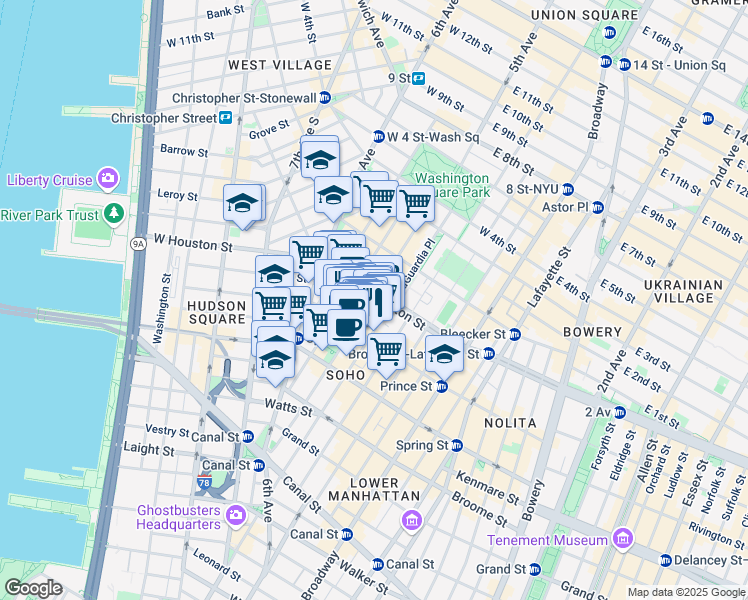 map of restaurants, bars, coffee shops, grocery stores, and more near 154 Thompson Street in New York