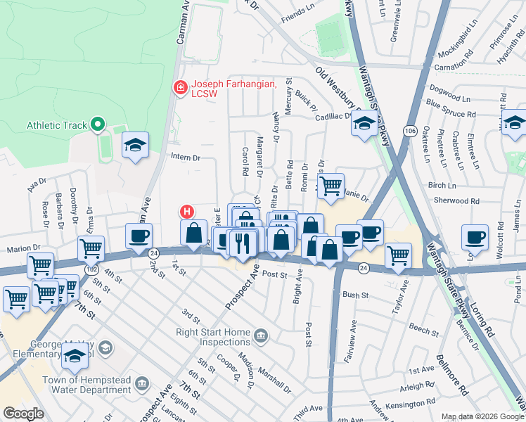 map of restaurants, bars, coffee shops, grocery stores, and more near 70 Pengon Circle in East Meadow