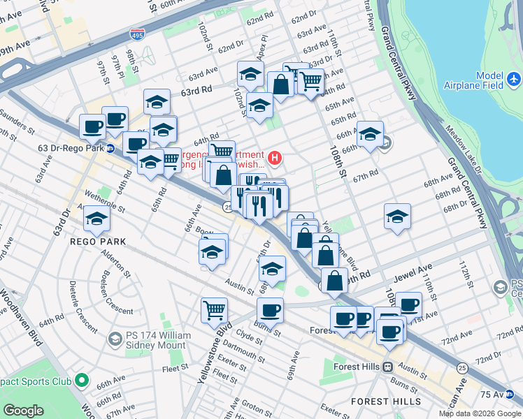 map of restaurants, bars, coffee shops, grocery stores, and more near 100-37 Queens Boulevard in Queens