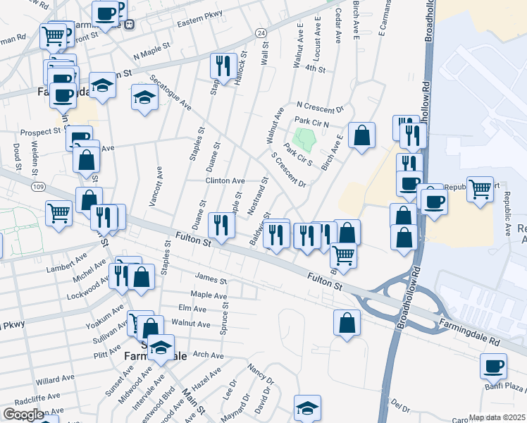 map of restaurants, bars, coffee shops, grocery stores, and more near in Farmingdale