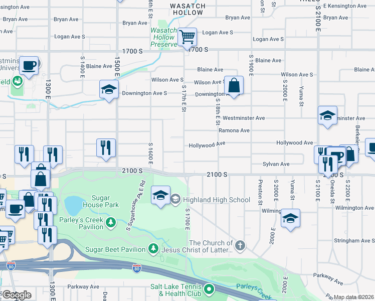 map of restaurants, bars, coffee shops, grocery stores, and more near 1981 South 1700 East in Salt Lake City