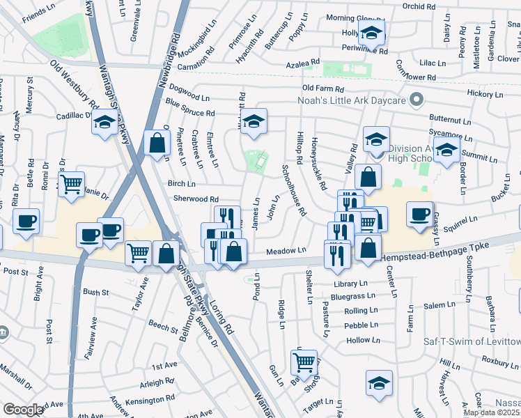 map of restaurants, bars, coffee shops, grocery stores, and more near 10 John Lane in Levittown