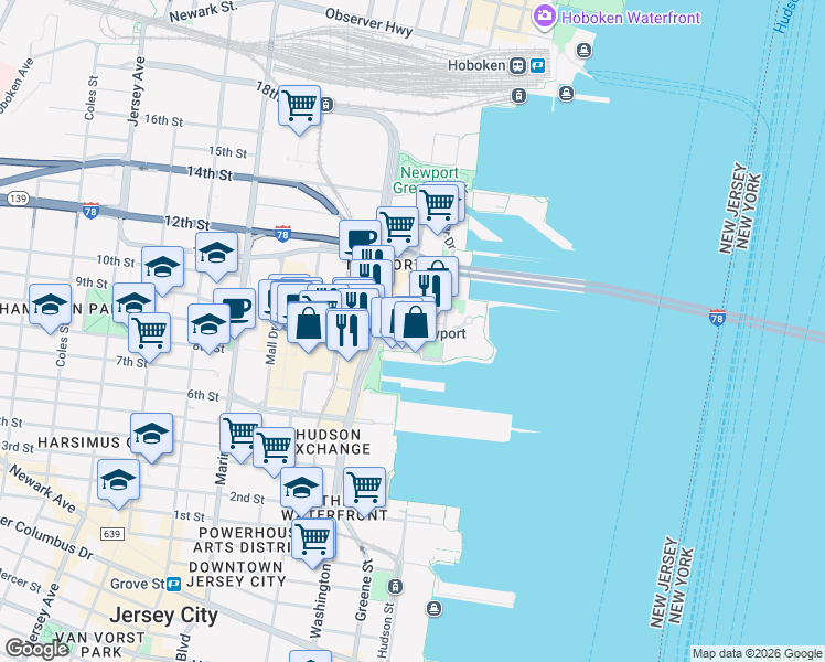 map of restaurants, bars, coffee shops, grocery stores, and more near 100 Town Square Place in Jersey City