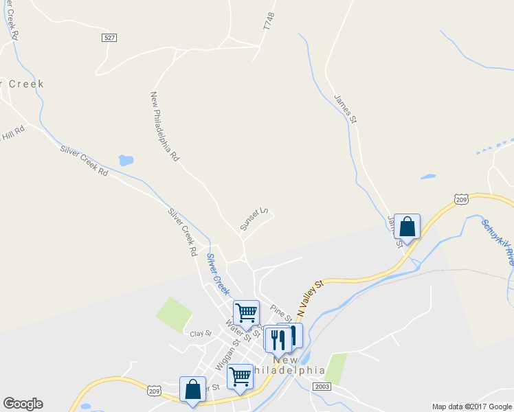 map of restaurants, bars, coffee shops, grocery stores, and more near 138 Sunset Lane in New Philadelphia