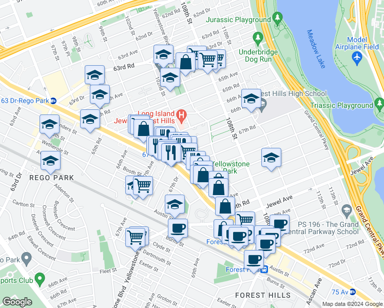 map of restaurants, bars, coffee shops, grocery stores, and more near 102-40 67th Road in Queens