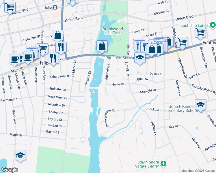 map of restaurants, bars, coffee shops, grocery stores, and more near 26 Haide Place in East Islip