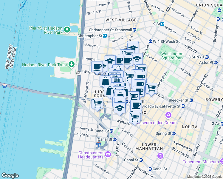 map of restaurants, bars, coffee shops, grocery stores, and more near 66 Charlton Street in New York