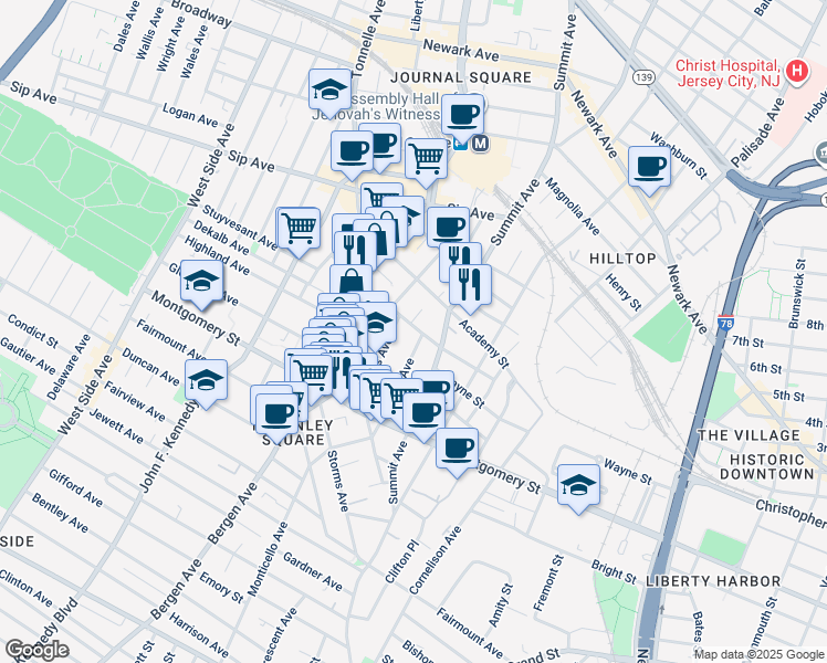 map of restaurants, bars, coffee shops, grocery stores, and more near 75 Jordan Avenue in Jersey City