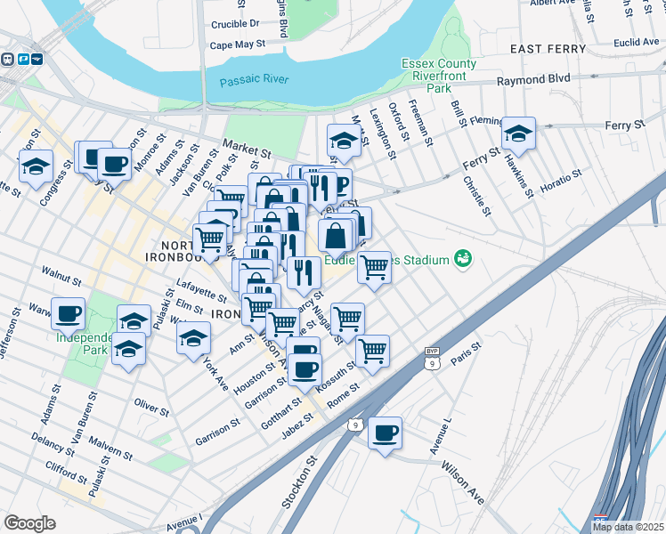 map of restaurants, bars, coffee shops, grocery stores, and more near 70 Darcy Street in Newark