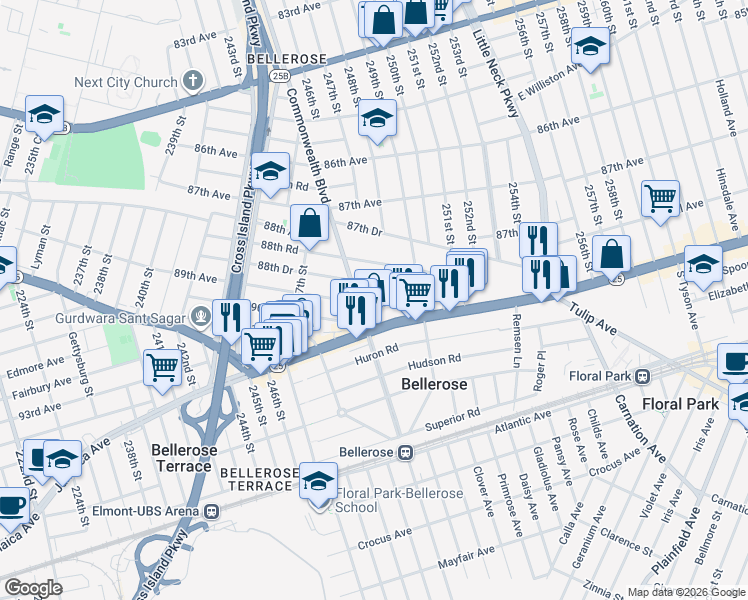 map of restaurants, bars, coffee shops, grocery stores, and more near 24815 New York 25 in Queens