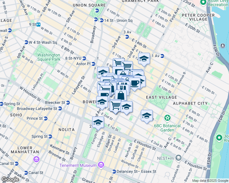 map of restaurants, bars, coffee shops, grocery stores, and more near 306 East 6th Street in New York