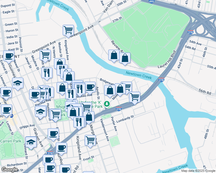 map of restaurants, bars, coffee shops, grocery stores, and more near 47 Bridgewater Street in Brooklyn