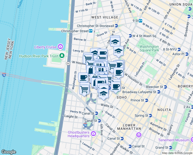 map of restaurants, bars, coffee shops, grocery stores, and more near 66 Charlton Street in New York