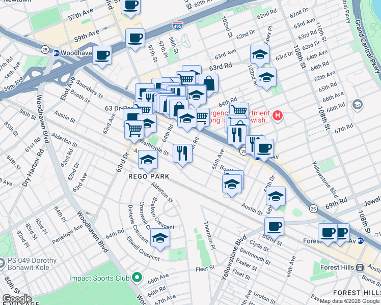 map of restaurants, bars, coffee shops, grocery stores, and more near 65-47 Wetherole Street in Queens