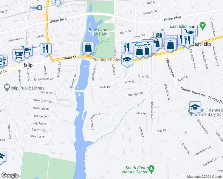 map of restaurants, bars, coffee shops, grocery stores, and more near 4 Haide Place in East Islip