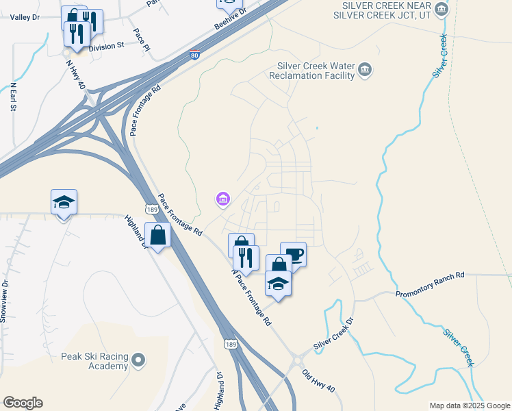 map of restaurants, bars, coffee shops, grocery stores, and more near 6447 North Pace Frontage Road in Park City