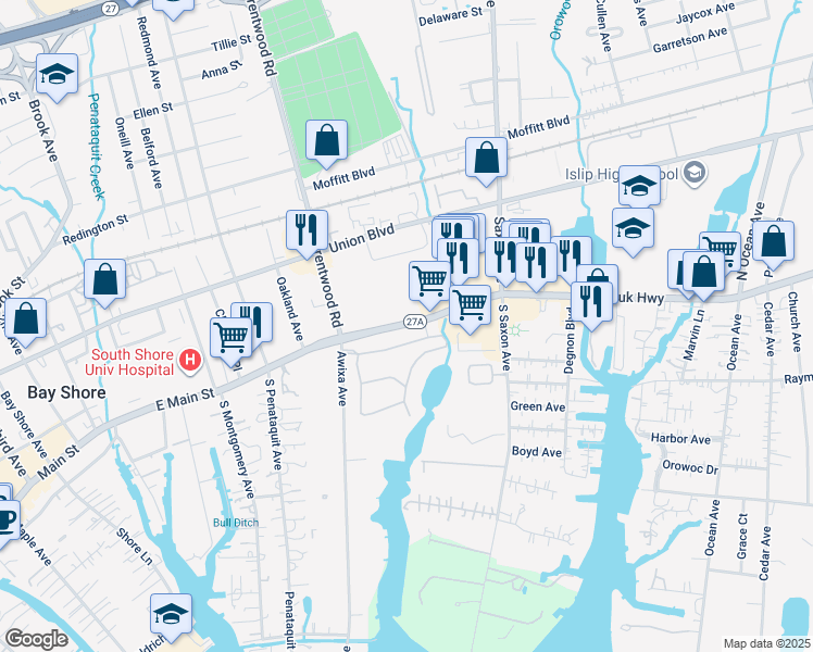 map of restaurants, bars, coffee shops, grocery stores, and more near 46 Doral Lane in Bay Shore
