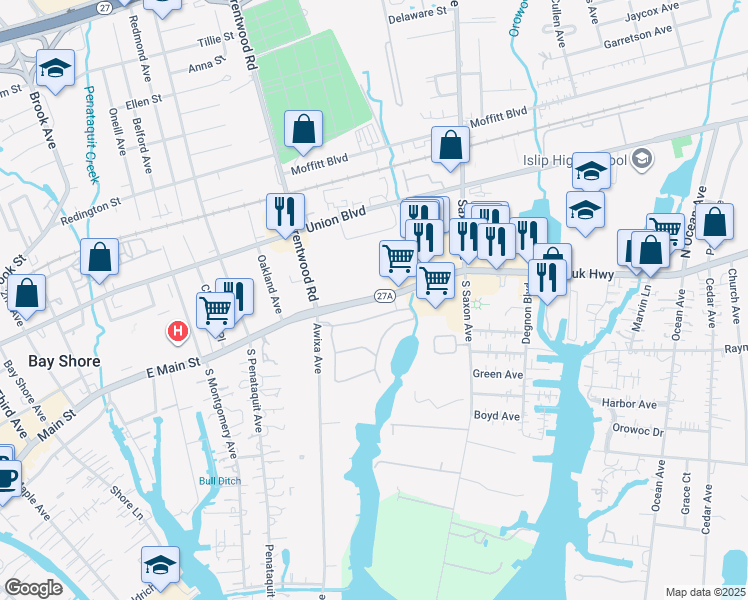 map of restaurants, bars, coffee shops, grocery stores, and more near 46 Doral Lane in Bay Shore