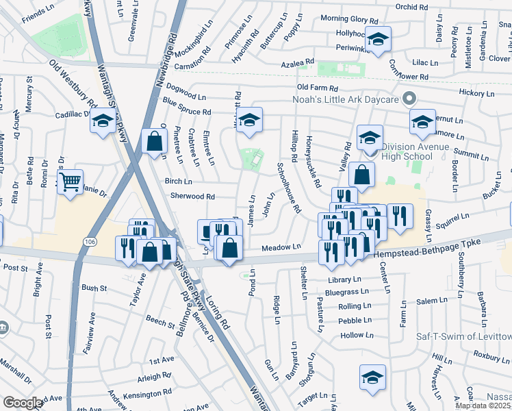 map of restaurants, bars, coffee shops, grocery stores, and more near 10 John Lane in Levittown