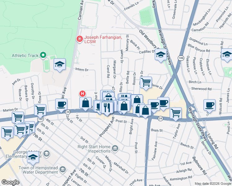 map of restaurants, bars, coffee shops, grocery stores, and more near 70 Pengon Circle in East Meadow