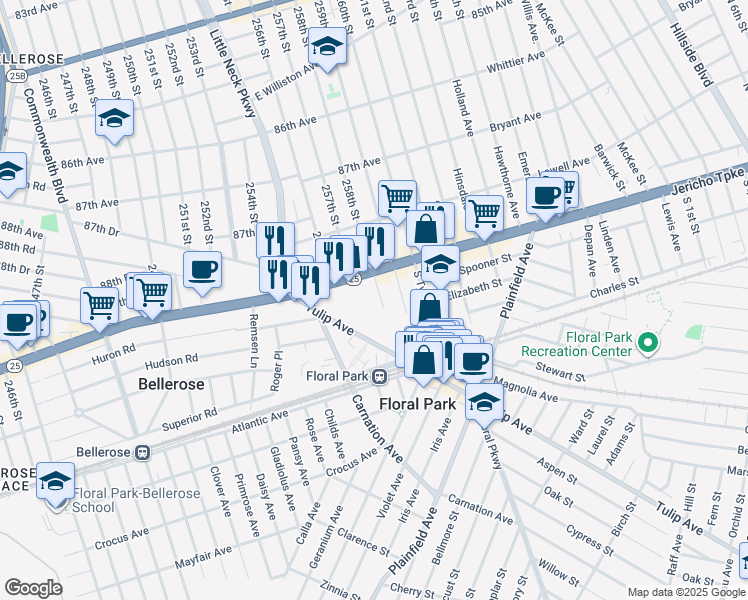 map of restaurants, bars, coffee shops, grocery stores, and more near 65 Tulip Avenue in Floral Park