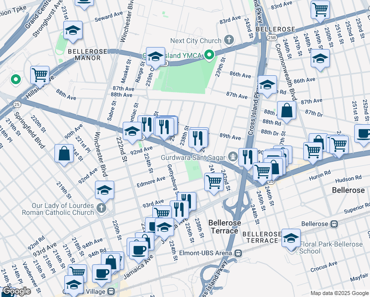 map of restaurants, bars, coffee shops, grocery stores, and more near 237-33 Davenport Avenue in Queens