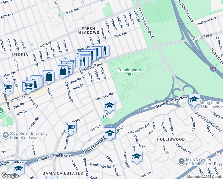 map of restaurants, bars, coffee shops, grocery stores, and more near 81-53 190th Street in Queens