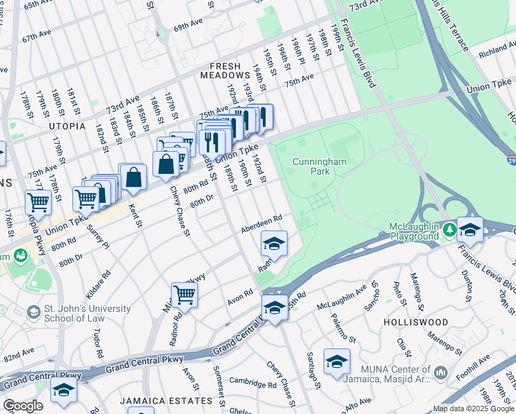 map of restaurants, bars, coffee shops, grocery stores, and more near 81-53 190th Street in Queens